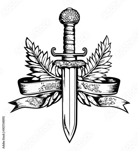 Detailed Engraving of Sword with Decorative Elements and Ribbon