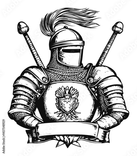 Detailed Engraving of a Knight in Armor with Decorative Elements