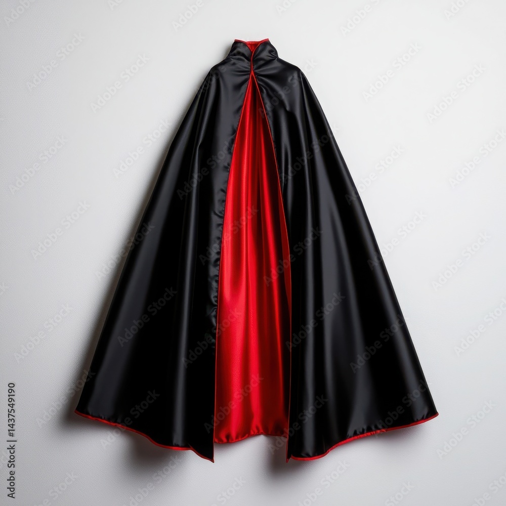 A stylish black and red cape displayed against a minimalist background.