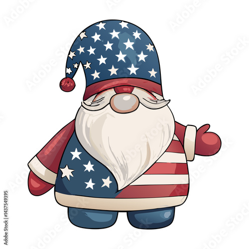 Patriotic Gnome with fireworks and hand lettering sigh 4th of July. Scandinavian Nordic Gnomes celebrate Independence day USA