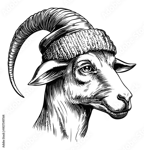 Detailed Engraving of Goat Wearing Woolen Hat for Artistic Use