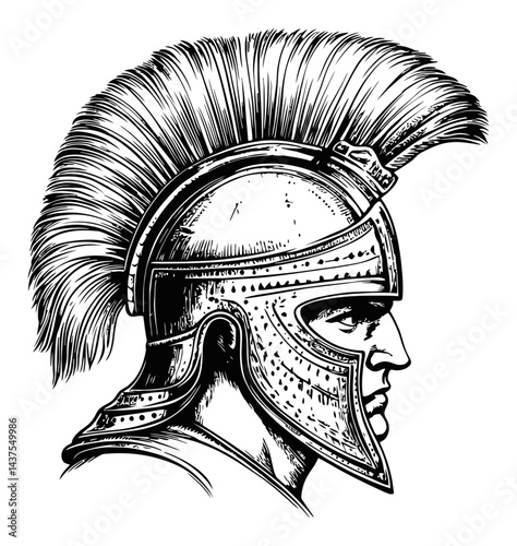 Detailed Engraving of a Spartan Warrior Helmet Side View