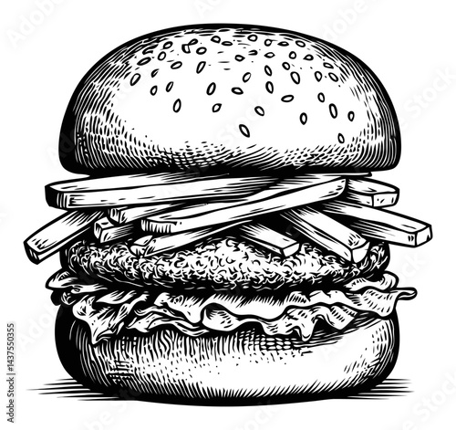 Detailed Engraving Illustration of a Hamburger with French Fries