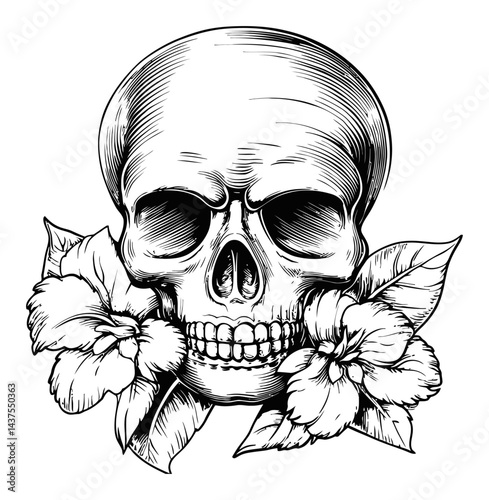 Intricate Engraving of Skull Surrounded by Beautiful Flowers