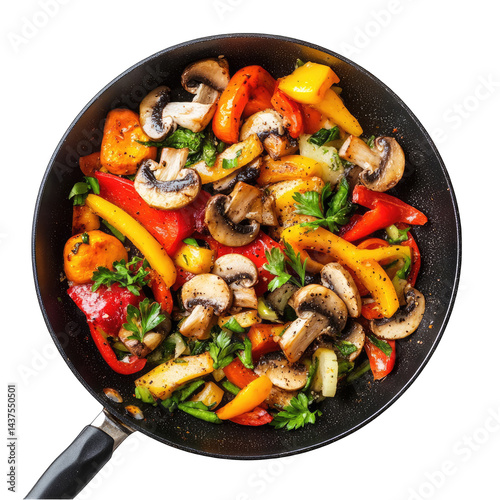 Top view of a skillet with sauteed vegetables and mushrooms on black background