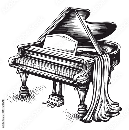 Vintage Engraving of Elegant Grand Piano with Draped Cloth