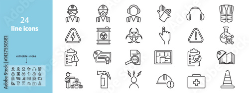 Line icon set illustrating workplace safety, fire protection, helmet use, and worker security. Includes evacuation plans, emergency response, accident prevention, and equipment standards.