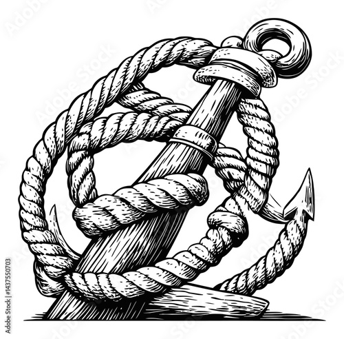 Detailed Engraving of an Anchor with Twisted Rope Design
