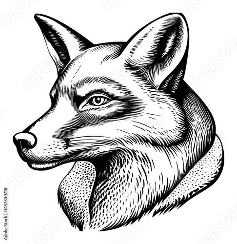 Detailed Black and White Engraving of a Fox Head Illustration