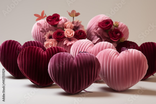 Pink and burgundy velvet-textured hearts with subtle, embossed stripes