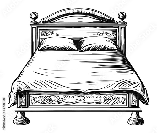 Detailed Engraving Illustration of an Ornate Bed Design