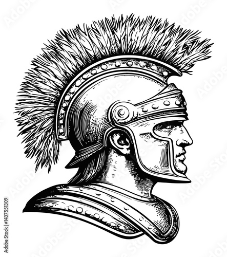 Detailed Engraving of a Roman Soldier With Feathered Helmet