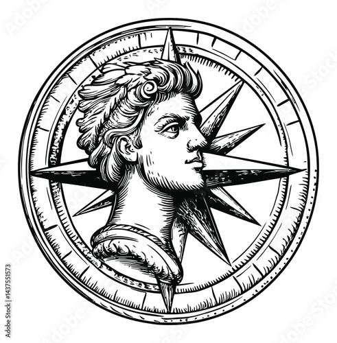 Vintage Engraving of a Profile Portrait with Compass Design