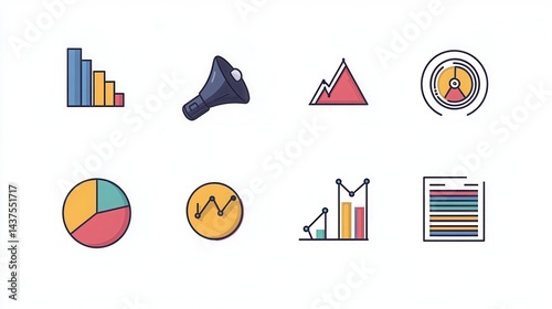 Wallpaper Mural marketing icons, megaphone, target audience, charts and data, professional flat vector style  Torontodigital.ca