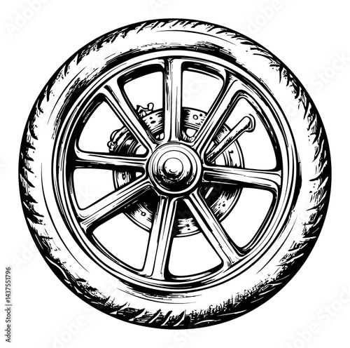 Detailed Engraving of an Antique Wheel with Spokes and Tire