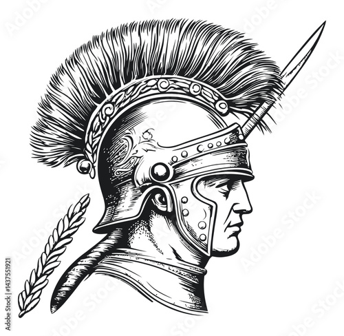 Detailed Engraving of Roman Warrior with Helmet and Plume