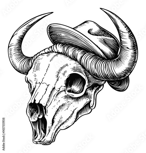 Detailed Engraving of a Buffalo Skull with a Hat in Black and White