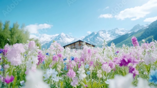 Vibrant alpine meadow with wooden chalet and snow-capped peaks