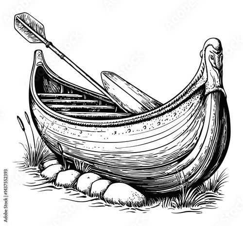Vintage Engraving of Ornate Canoe with Paddle and Rocks