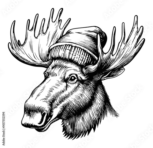 Detailed Engraving of a Moose Wearing a Knit Hat in Black and White