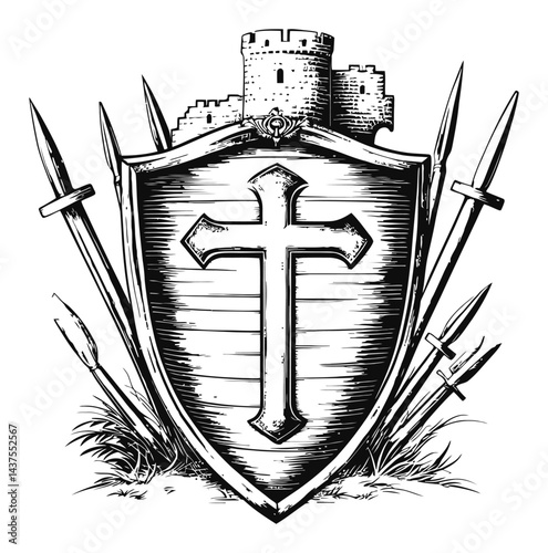 Detailed Engraving of Shield with Cross and Castle in Background