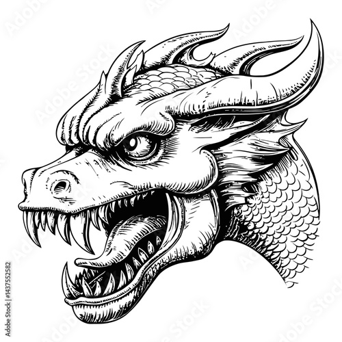 Fierce Dragon Head Illustration in Detailed Engraving Style