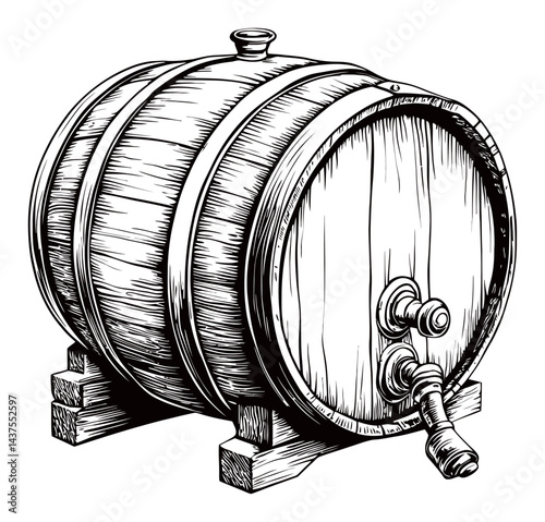 Detailed Vintage Engraving of a Wooden Barrel with Tap and Stand