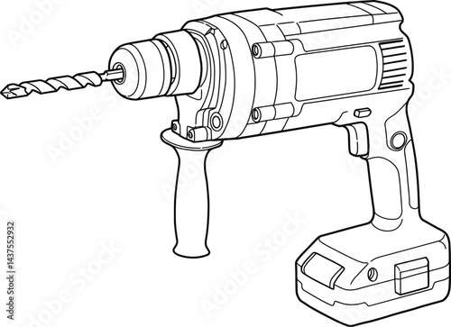 Power Drill Tool Illustration: A detailed outline illustration of a professional-grade power drill, showcasing its robust design and functionality, ready for any construction task.