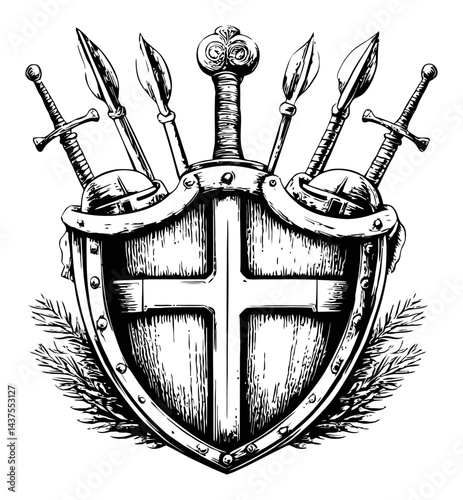 Medieval Shield and Swords Engraving Illustration Artwork