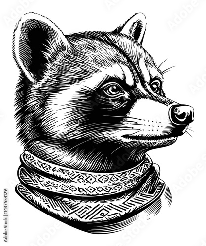 Detailed Engraving of a Raccoon Head with Decorative Collar