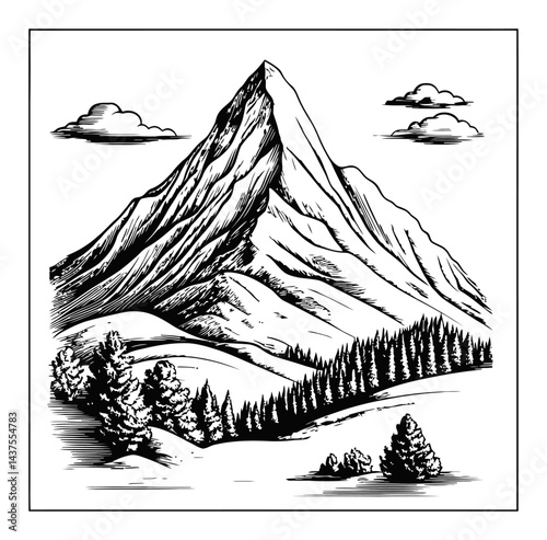 Beautiful Engraving of Majestic Mountain Landscape with Trees