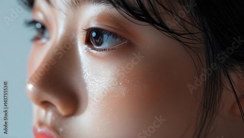 Woman's face, close-up, thoughtful gaze, soft lighting, beauty portrait