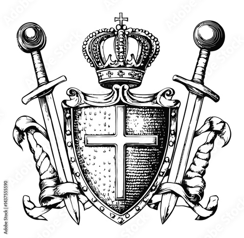 Vintage Engraving of Shield with Crown and Swords Illustration Art