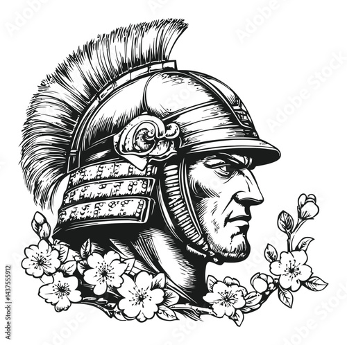 Detailed Engraving of a Roman Soldier's Helmet with Floral Design