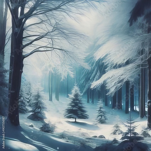 A serene winter landscape, featuring tall trees covered in snow, with a foggy atmosphere and delicate light filtering through the branches.