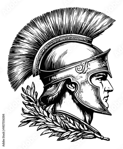 Detailed Engraving of a Roman Warrior with Helmet and Laurel Wreath