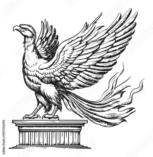 Majestic Engraving of a Phoenix with Detailed Wing Design