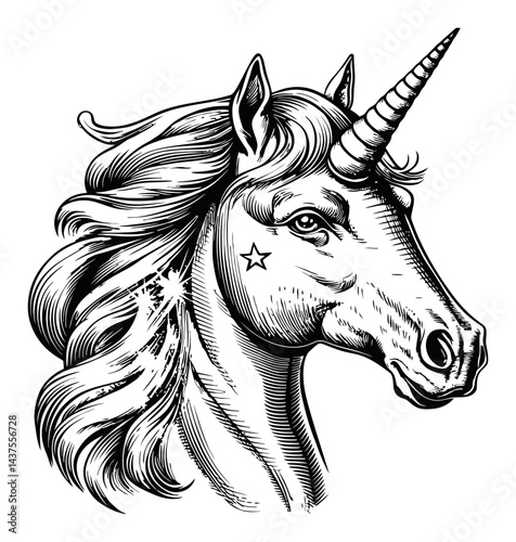 Detailed Black and White Illustration of a Majestic Unicorn Head