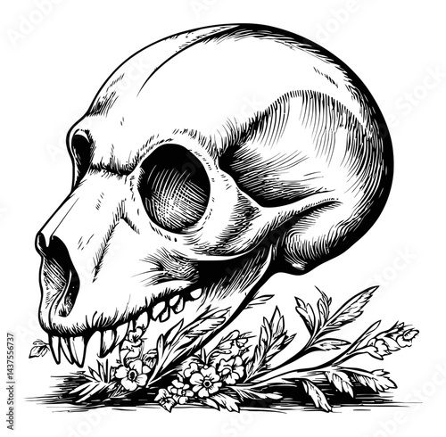 Detailed Skull Engraving with Floral Elements in Black and White