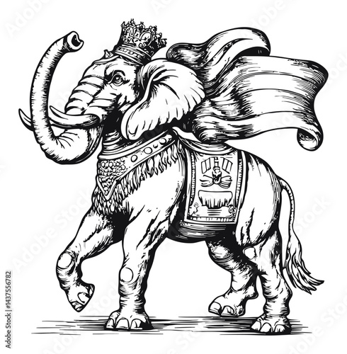 Detailed Engraving of Ornate Elephant with Crown and Cape Design