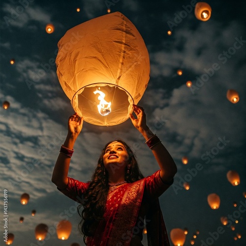 woman releasing sky lantern happily for celebrating asian traditional festival diwali