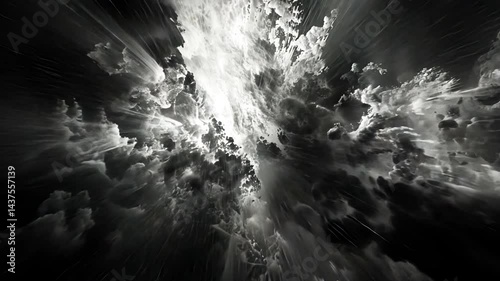Abstract cosmic explosion swirling clouds in dynamic motion, depth and energy in monochromatic hues, evoking awe and wonder in vastness of space.