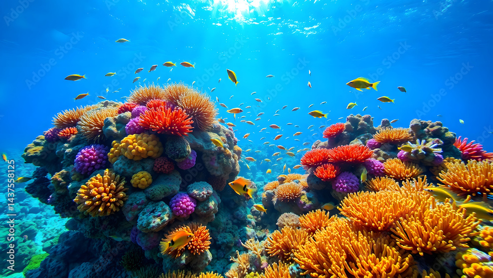Naklejka premium Vibrant Tropical Coral Reef Underwater Paradise of Colorful Corals and Fish