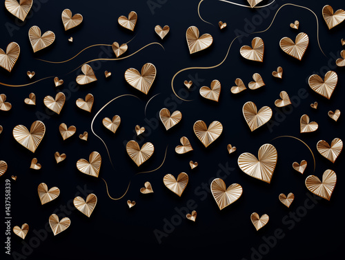 A luxurious composition of reflective, metallic-striped hearts arranged symmetrically on a deep black or navy-blue backdrop