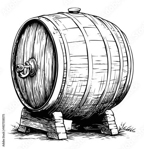 Vintage Wood Barrel Engraving with Stand and Detailed Texture