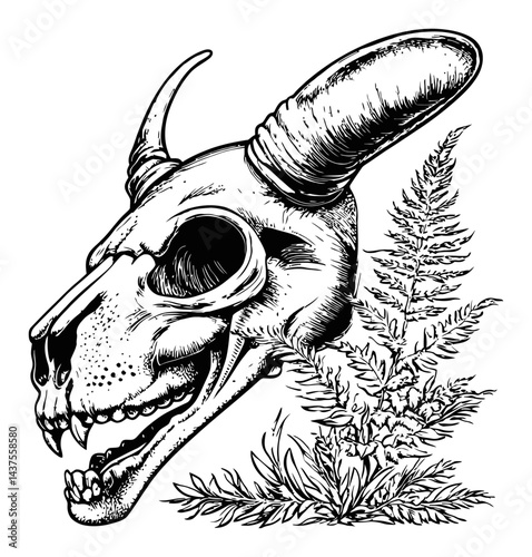 Intricate Engraving of Animal Skull with Fern Illustration