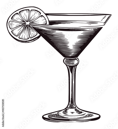 Detailed Vintage Engraving of a Cocktail Glass with Lemon Slice