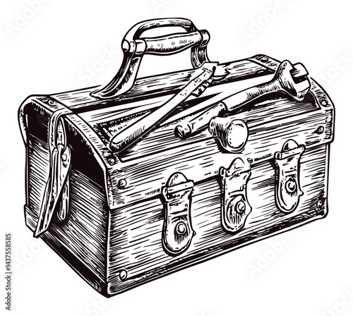 Vintage Toolbox Engraving with Tools Used for Crafting and Repair