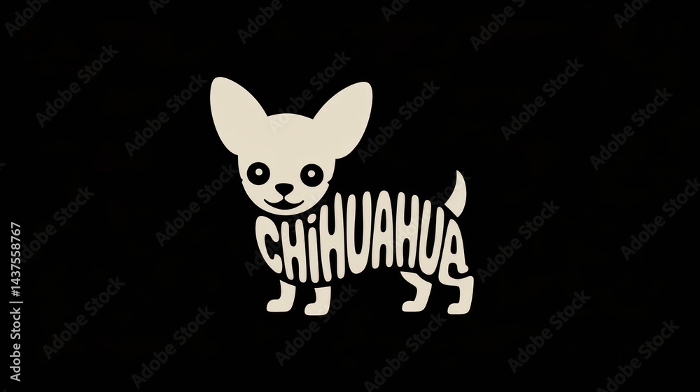 Obraz premium Graphic design illustration featuring the silhouette of a tiny Chihuahua dog with large ears and expressive eyes implied. The small body shape is formed by the word 