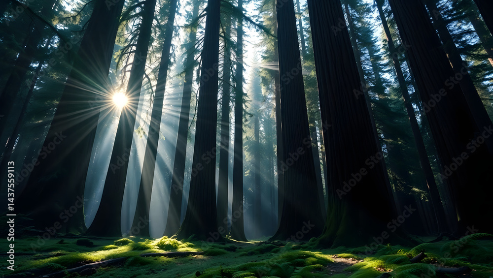 Obraz premium Ancient Forest Sunbeams Majestic Redwood Trees and Misty Sunlight